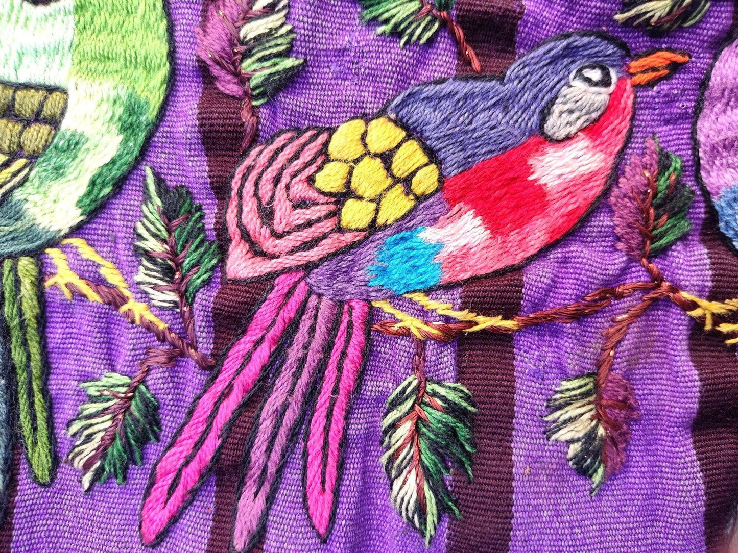 PETIT Vintage handmade embroidered Santiago Atitlan huipil cotton wall decor tapestry -Bird party-