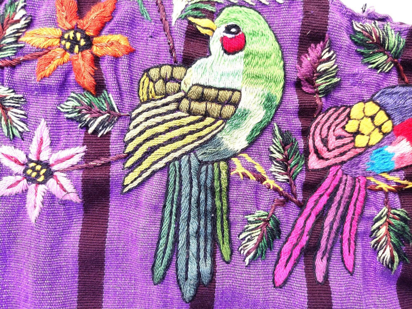 PETIT Vintage handmade embroidered Santiago Atitlan huipil cotton wall decor tapestry -Bird party-