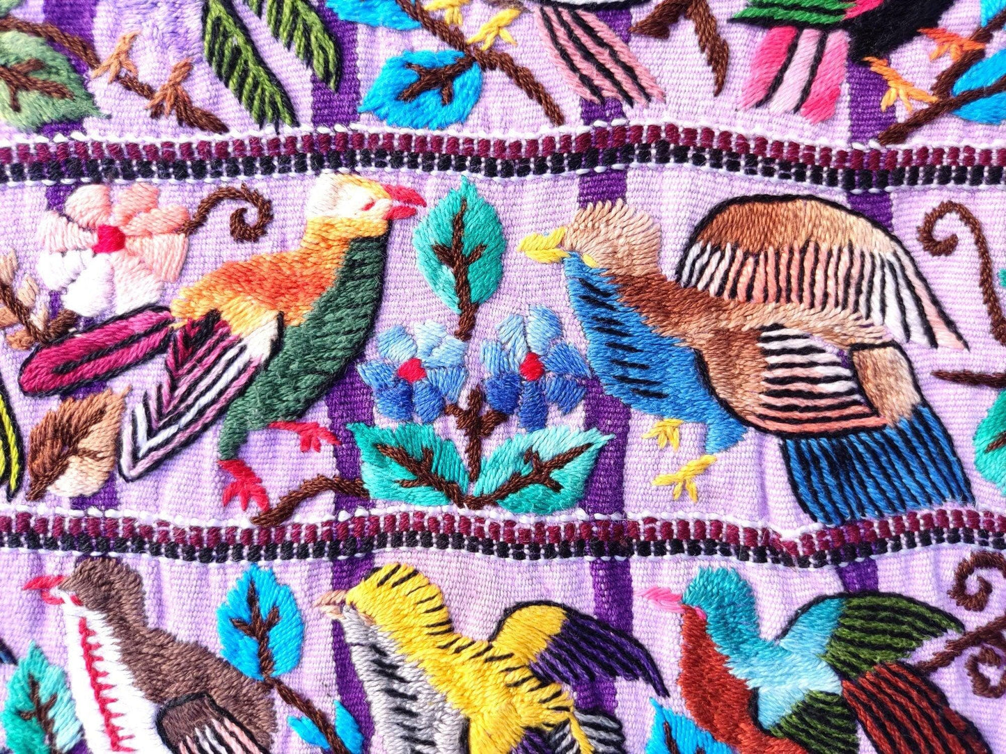 Vintage handmade embroidered Santiago Atitlan huipil cotton wall decor tapestry -Parrot family-