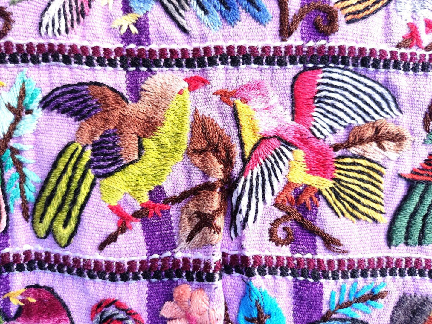 Vintage handmade embroidered Santiago Atitlan huipil cotton wall decor tapestry -Parrot family-