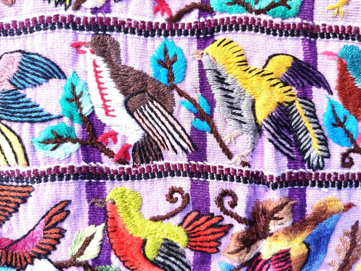 Vintage handmade embroidered Santiago Atitlan huipil cotton wall decor tapestry -Parrot family-