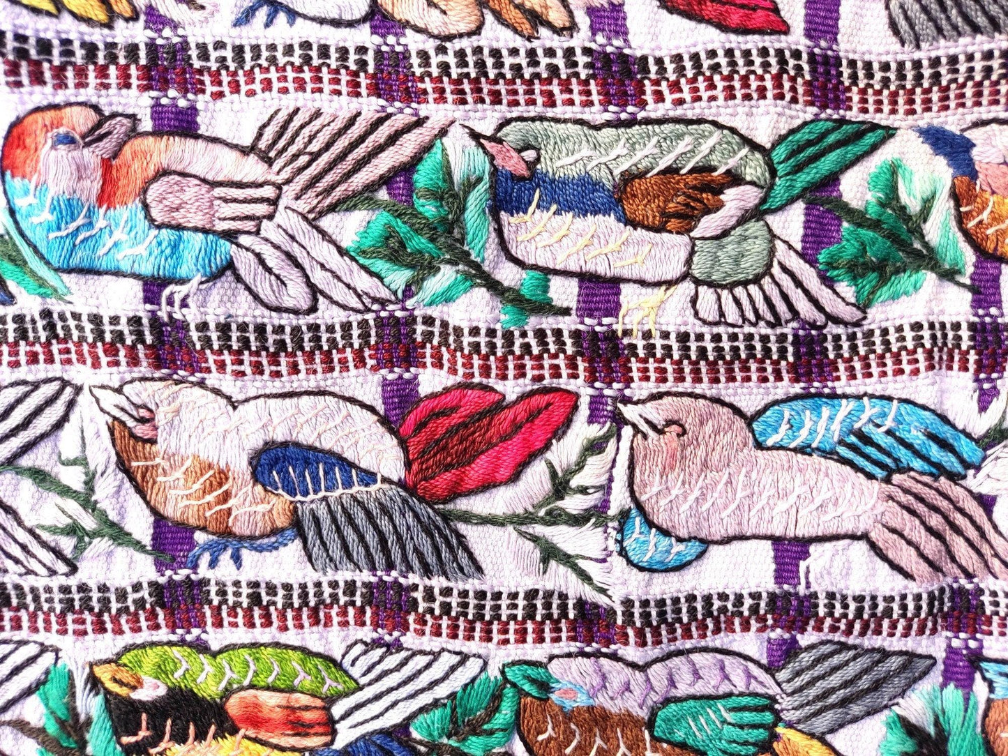 Vintage handmade embroidered Santiago Atitlan huipil cotton wall decor tapestry -Parrot family-