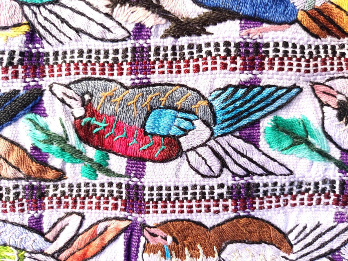 Vintage handmade embroidered Santiago Atitlan huipil cotton wall decor tapestry -Parrot family-
