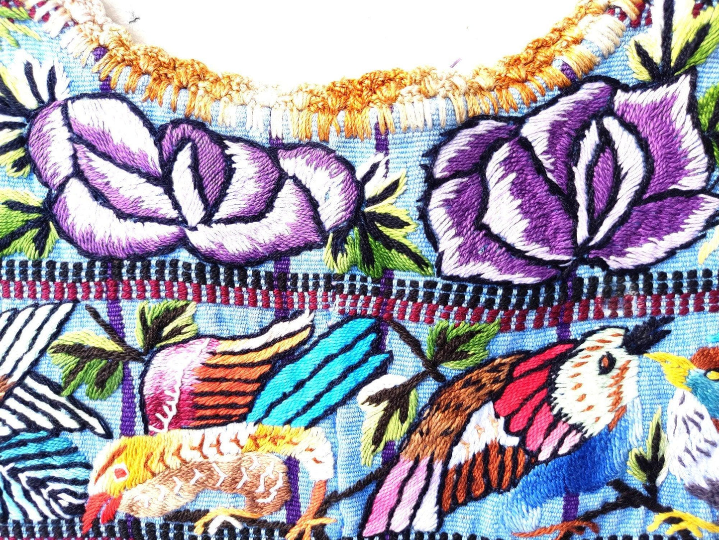 Vintage handmade embroidered Santiago Atitlan huipil cotton wall decor tapestry -Parrot family-