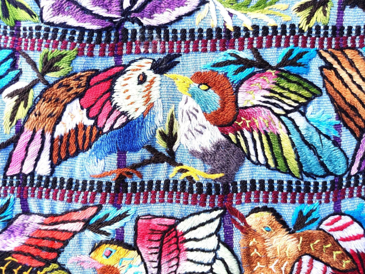Vintage handmade embroidered Santiago Atitlan huipil cotton wall decor tapestry -Parrot family-