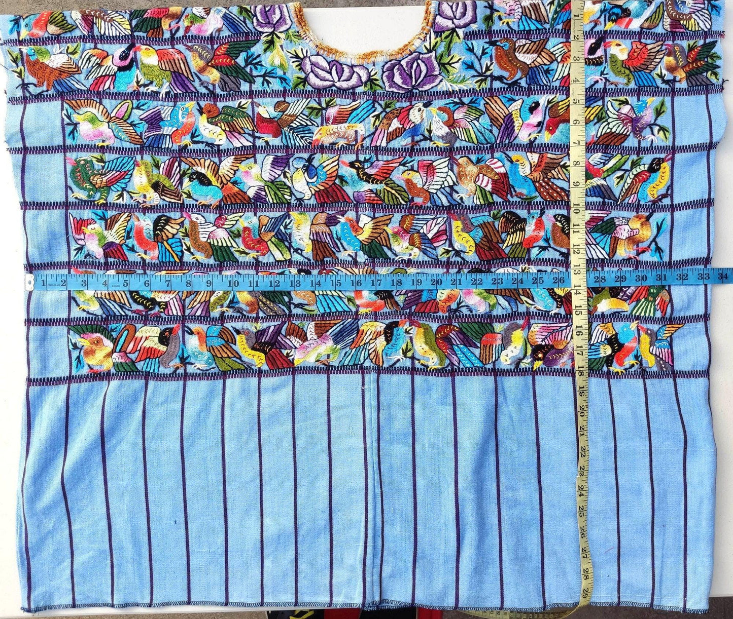 Vintage handmade embroidered Santiago Atitlan huipil cotton wall decor tapestry -Parrot family-