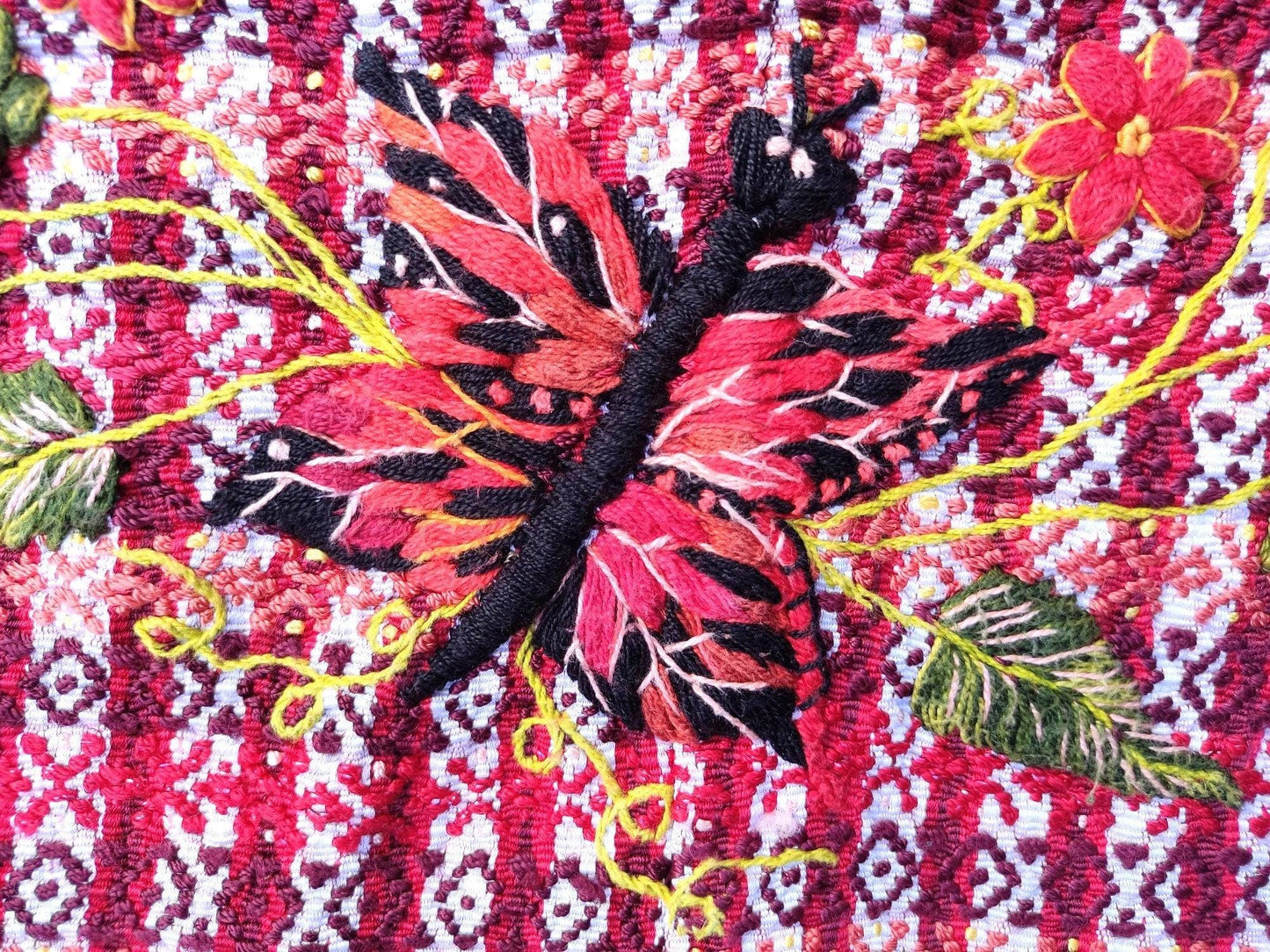 Vintage handmade embroidered birds Santiago Atitlan huipil cotton wall decor tapestry