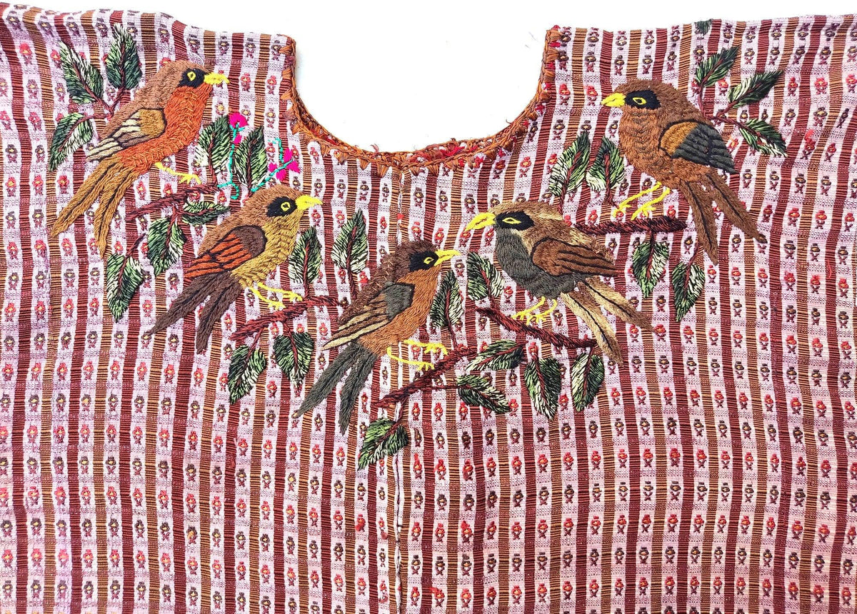 Vintage handmade embroidered birds Santiago Atitlan huipil cotton wall decor tapestry