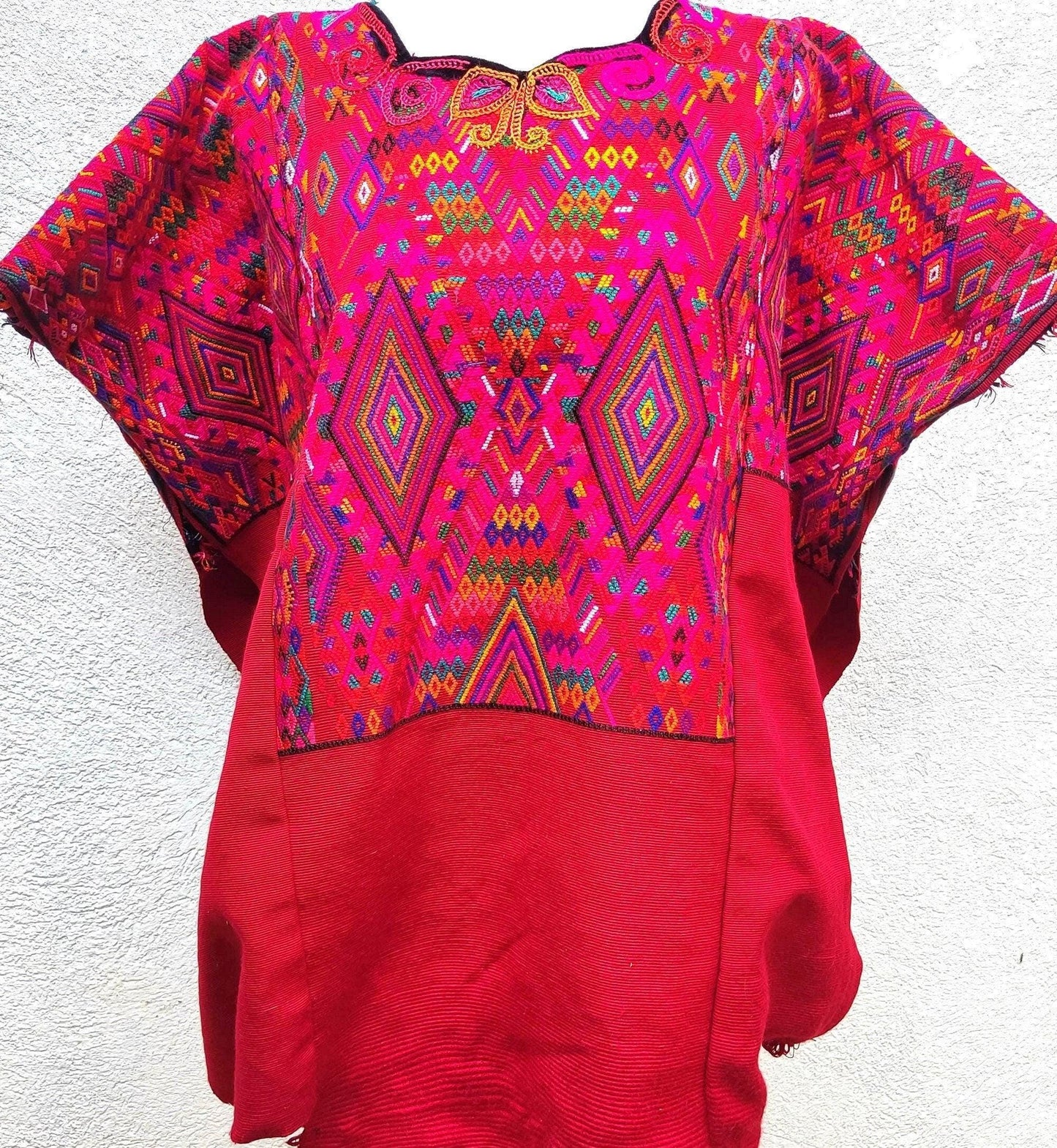 Guatemalan unique handmade Red CHICHICASTENANGO weaved cotton huipil - Mayan rombus motives-