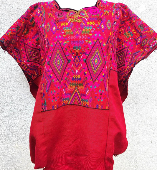 Guatemalan unique handmade Red CHICHICASTENANGO weaved cotton huipil - Mayan rombus motives-