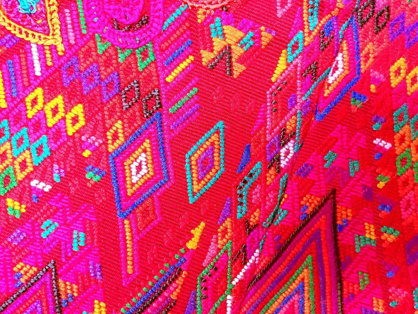 Guatemalan unique handmade Red CHICHICASTENANGO weaved cotton huipil - Mayan rombus motives-