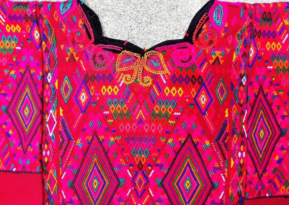 Guatemalan unique handmade Red CHICHICASTENANGO weaved cotton huipil - Mayan rombus motives-