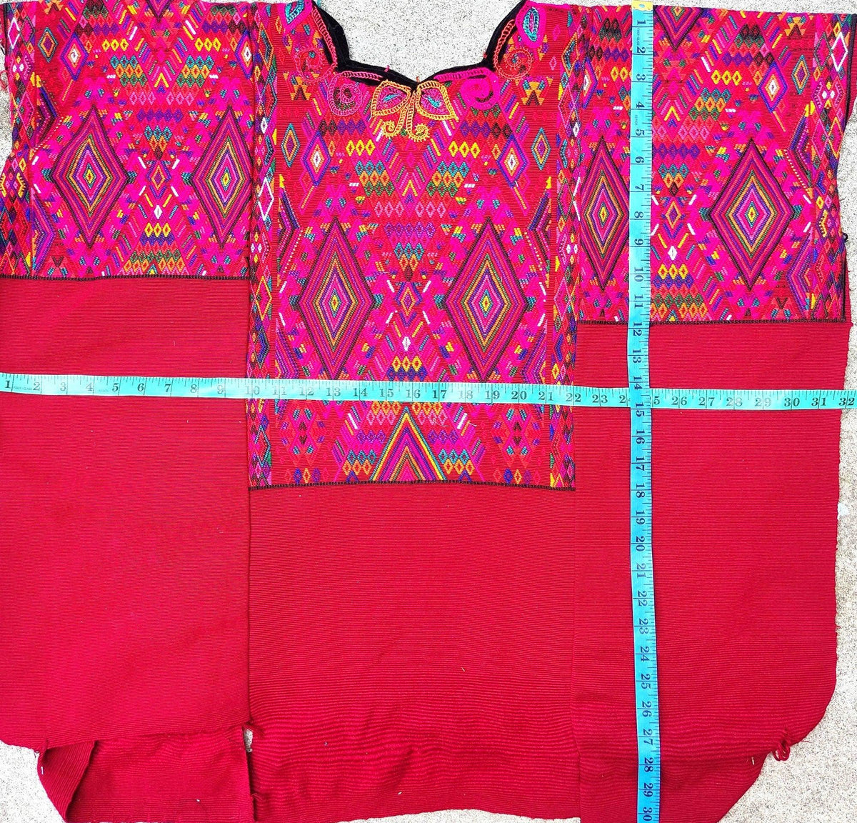 Guatemalan unique handmade Red CHICHICASTENANGO weaved cotton huipil - Mayan rombus motives-