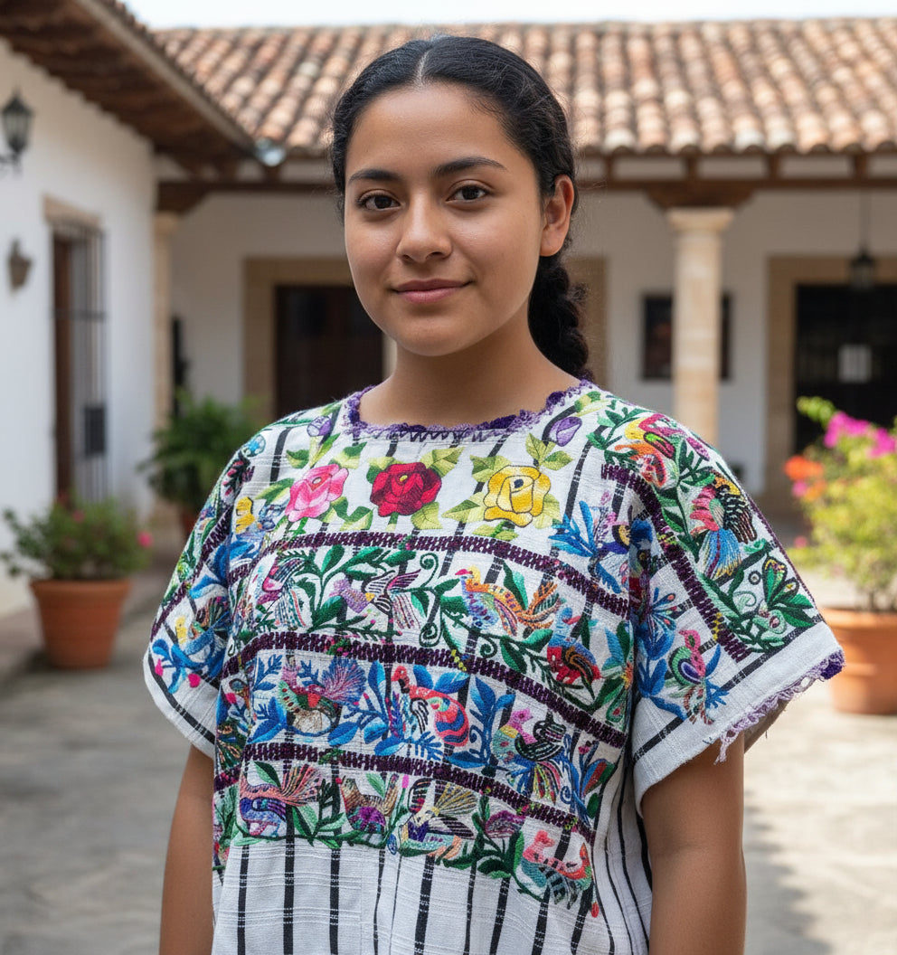 Vintage handmade embroidered Santiago Atitlan huipil cotton wall decor tapestry -Parrot family-