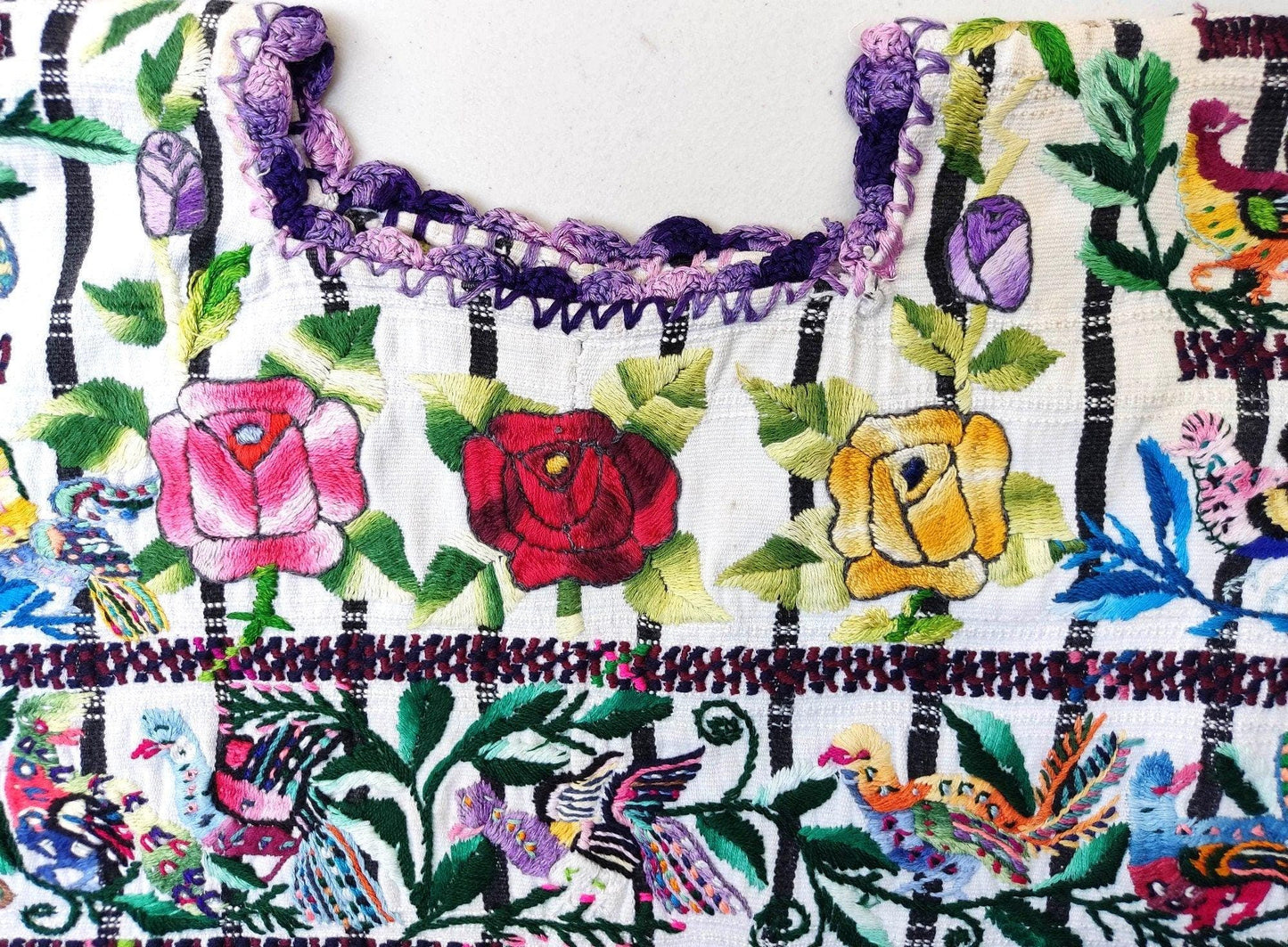 Vintage handmade embroidered Santiago Atitlan huipil cotton wall decor tapestry -Parrot family-