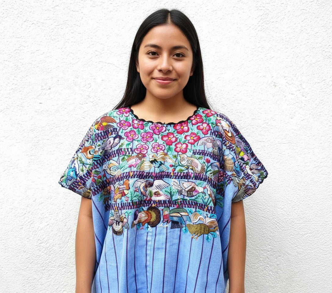 Vintage handmade embroidered Santiago Atitlan huipil cotton wall decor tapestry -Parrot family-