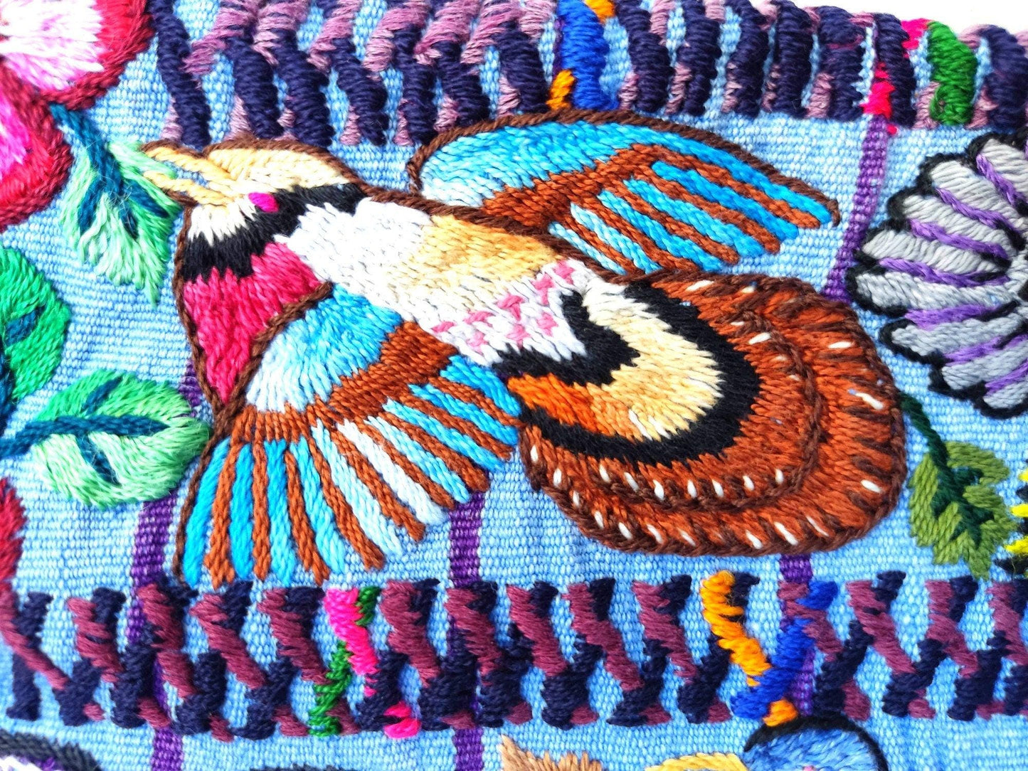 Vintage handmade embroidered Santiago Atitlan huipil cotton wall decor tapestry -Parrot family-