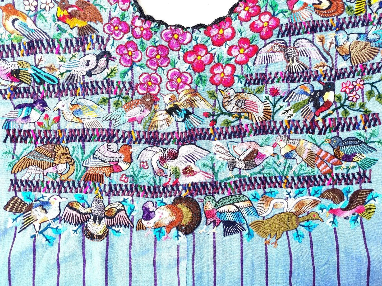 Vintage handmade embroidered Santiago Atitlan huipil cotton wall decor tapestry -Parrot family-
