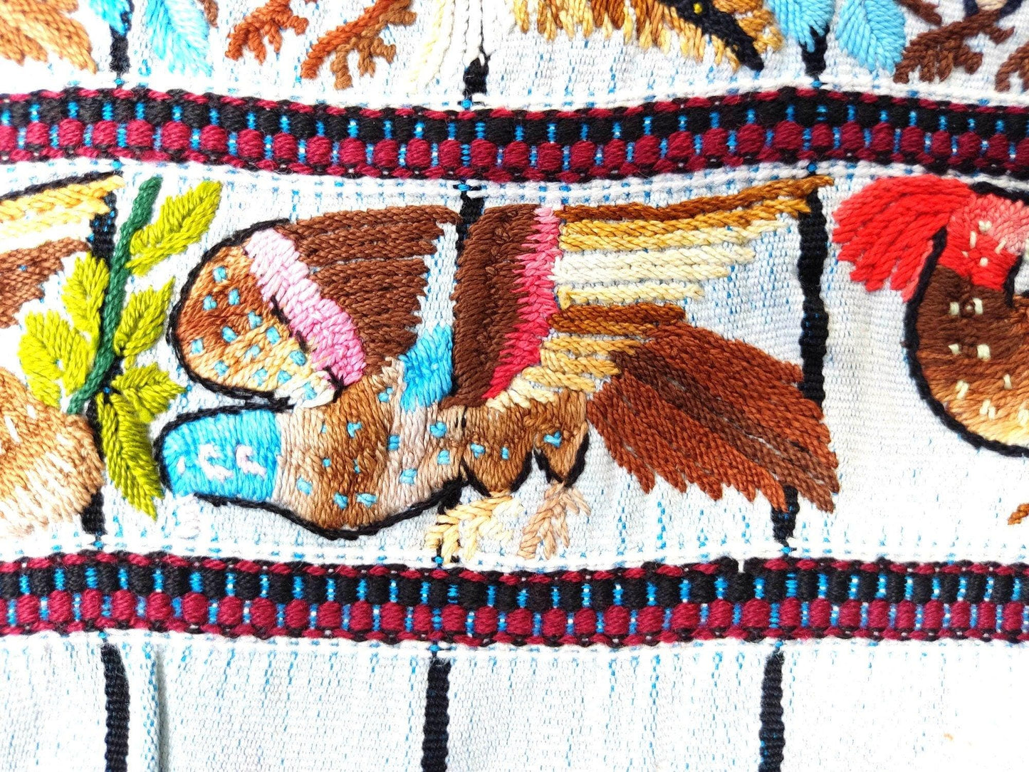 Vintage handmade embroidered Santiago Atitlan huipil cotton wall decor tapestry -Parrot family-