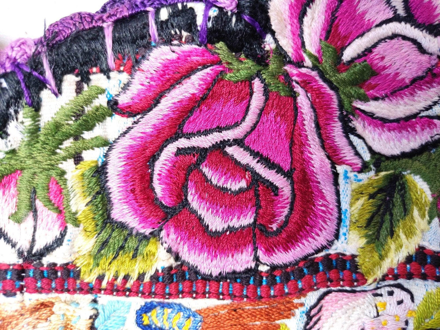 Vintage handmade embroidered Santiago Atitlan huipil cotton wall decor tapestry -Parrot family-