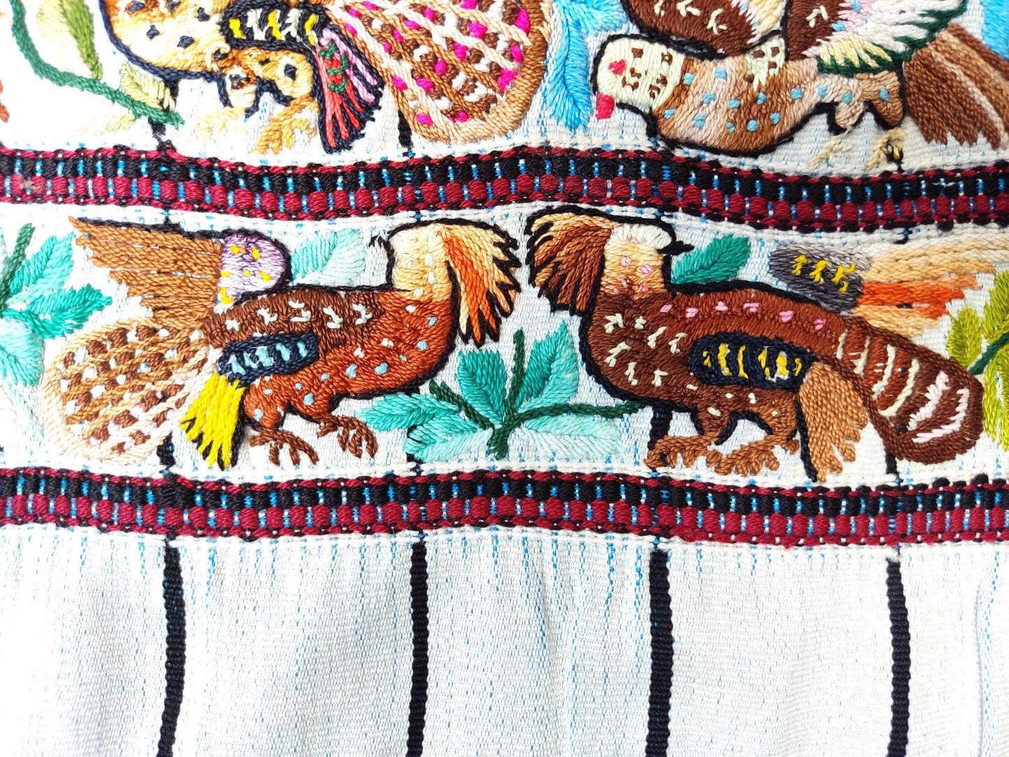 Vintage handmade embroidered Santiago Atitlan huipil cotton wall decor tapestry -Parrot family-