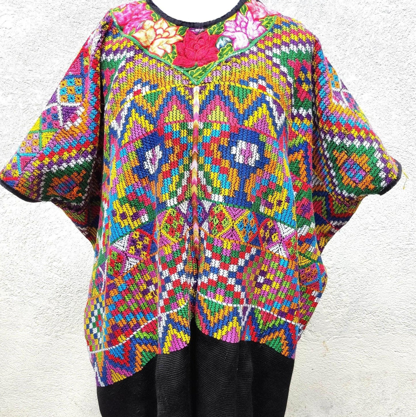 Vintage white black unique handmade weaved cotton Almolonga Quetzaltenango huipil