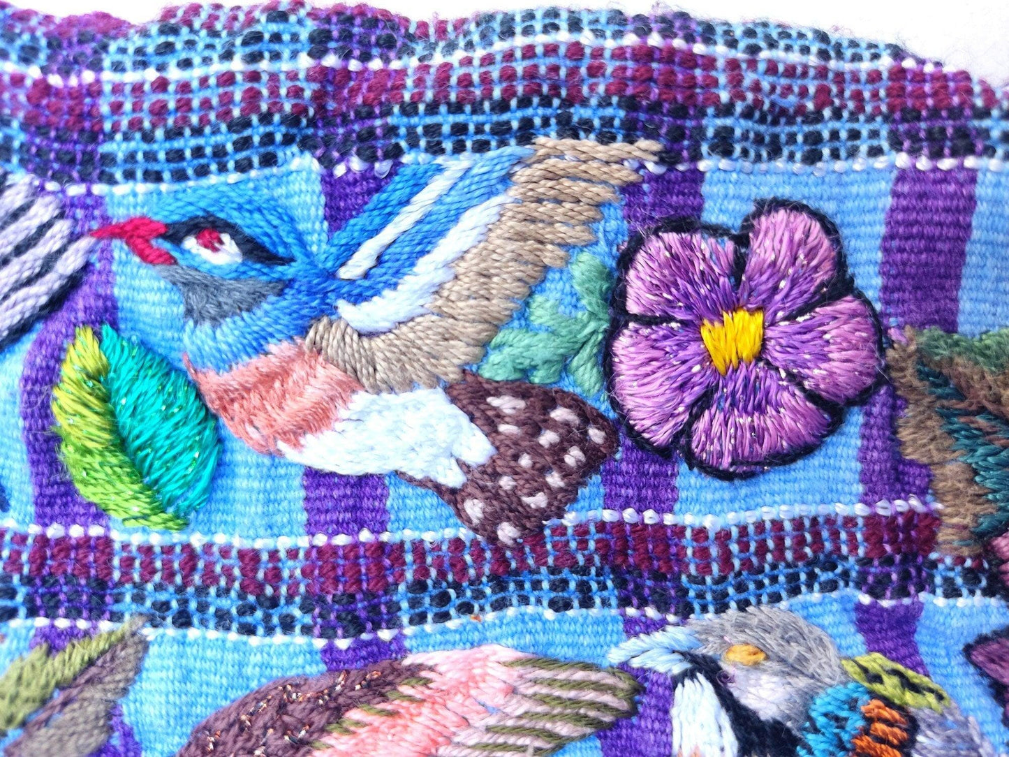Vintage handmade embroidered Santiago Atitlan huipil cotton wall decor tapestry -Bird family-