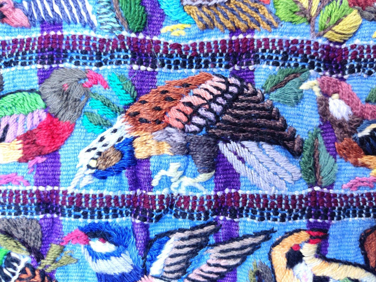 Vintage handmade embroidered Santiago Atitlan huipil cotton wall decor tapestry -Bird family-