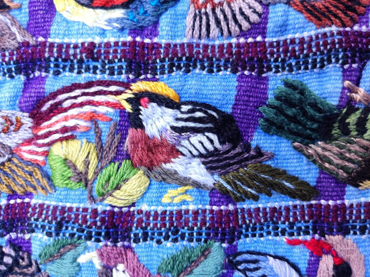 Vintage handmade embroidered Santiago Atitlan huipil cotton wall decor tapestry -Bird family-