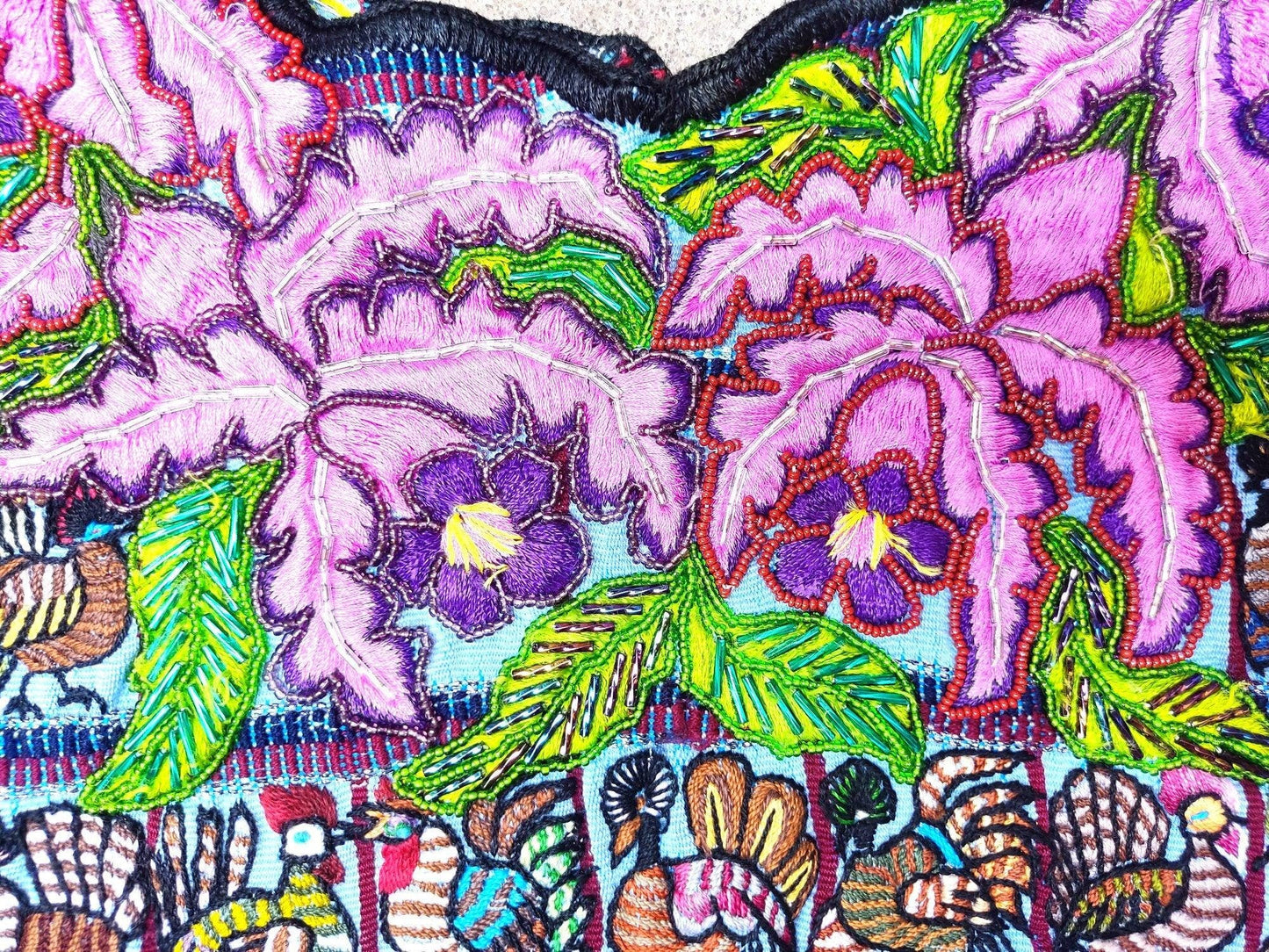 Vintage Santiago Atitlan Huipil Embroidery ROOSTERS PEACOCK Cotton TAPESTRY And Blouse - Home Wall Decor Floral Wall Hanging Blouse 206