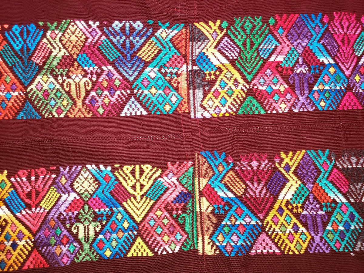 Vintage burgundy unique Guatemala handmade weaved -San Martín Chile verde- Horses motives cotton huipil