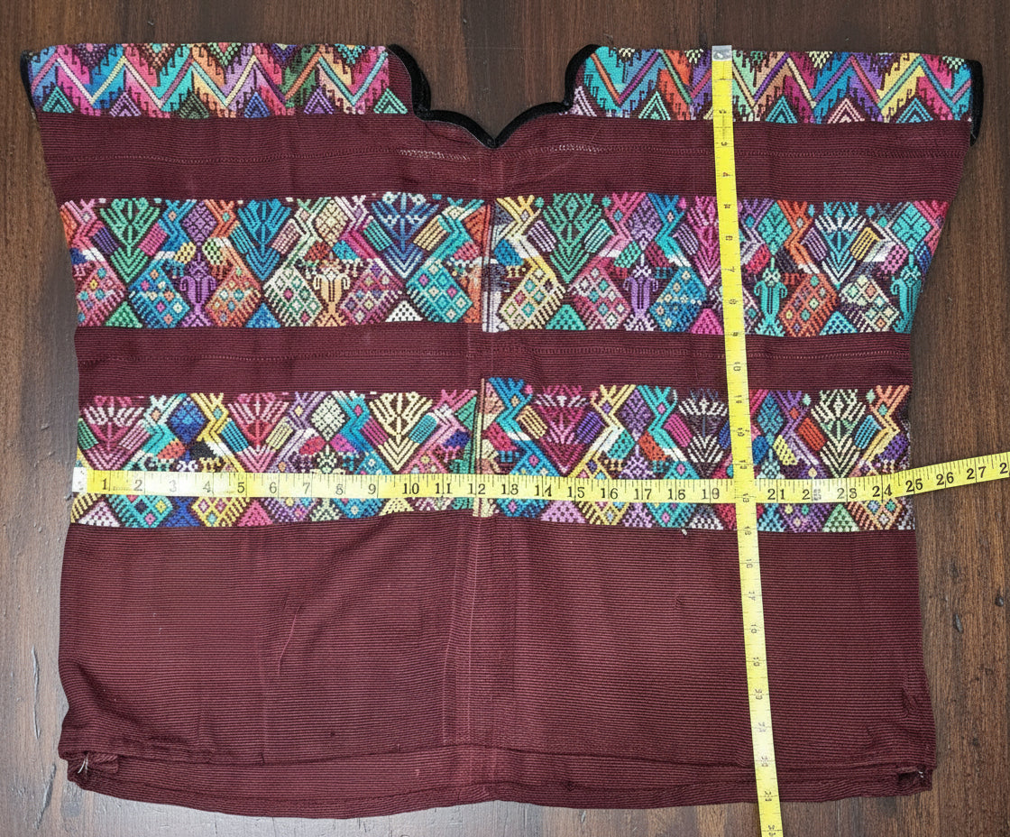 Vintage burgundy unique Guatemala handmade weaved -San Martín Chile verde- Horses motives cotton huipil