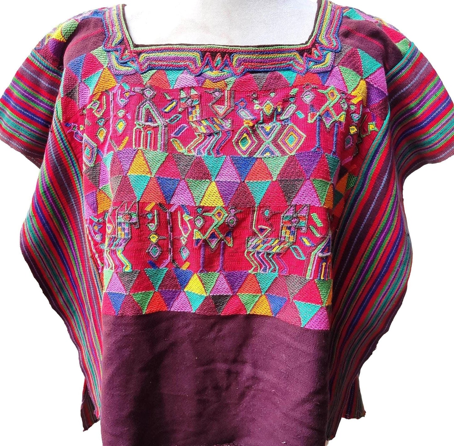 Vintage Guatemalan Unique Red Handmade Weaved Cotton -NEBAJ Huipil- Birds Horses and Geometric Patterns
