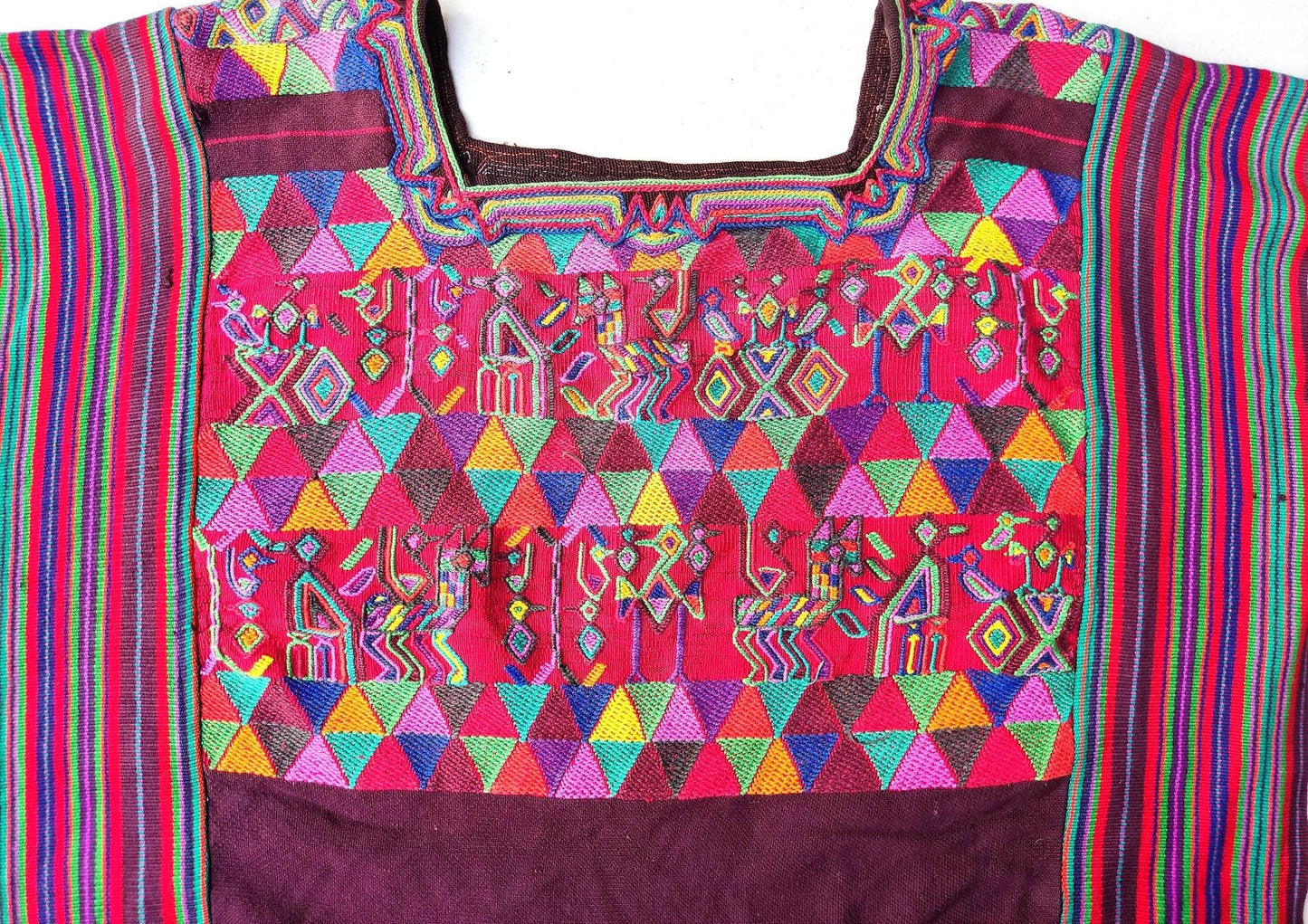 Vintage Guatemalan Unique Red Handmade Weaved Cotton -NEBAJ Huipil- Birds Horses and Geometric Patterns
