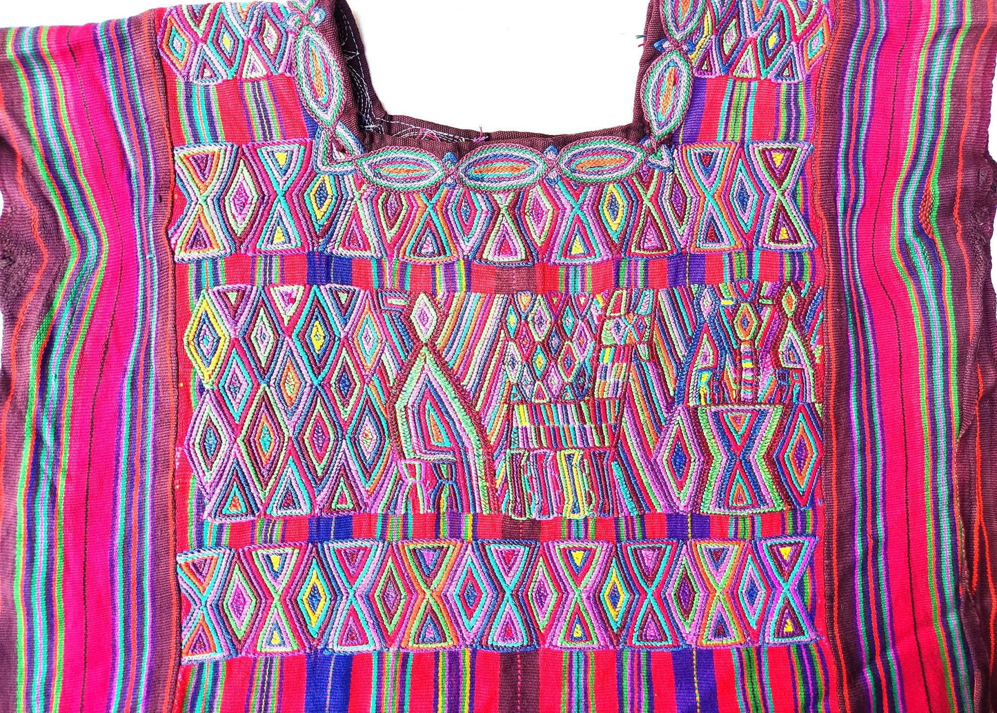 Vintage Guatemalan Unique Red Handmade Weaved Cotton -NEBAJ QUICHE Huipil- Birds HORSES and Geometric Patterns