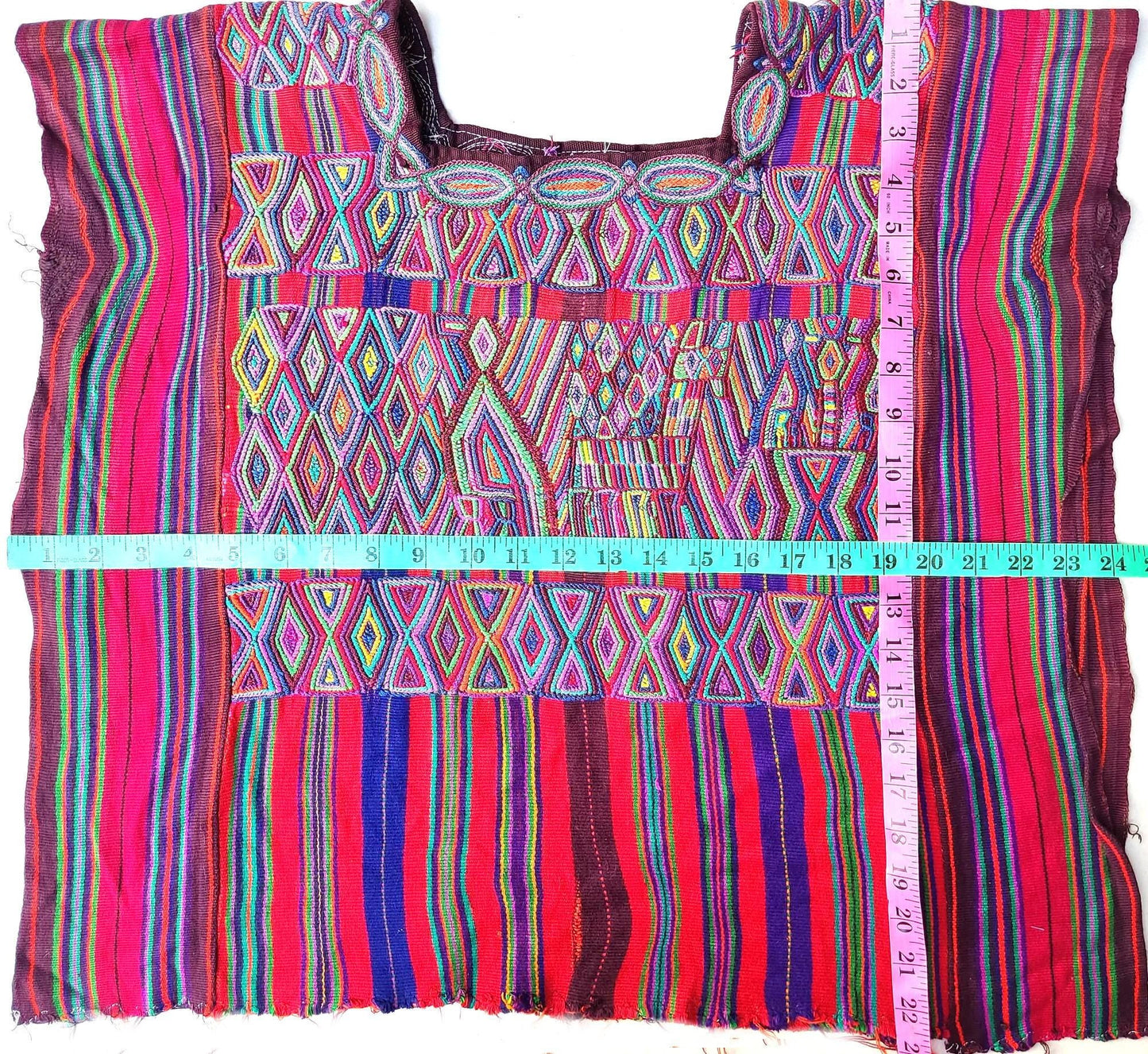Vintage Guatemalan Unique Red Handmade Weaved Cotton -NEBAJ QUICHE Huipil- Birds HORSES and Geometric Patterns
