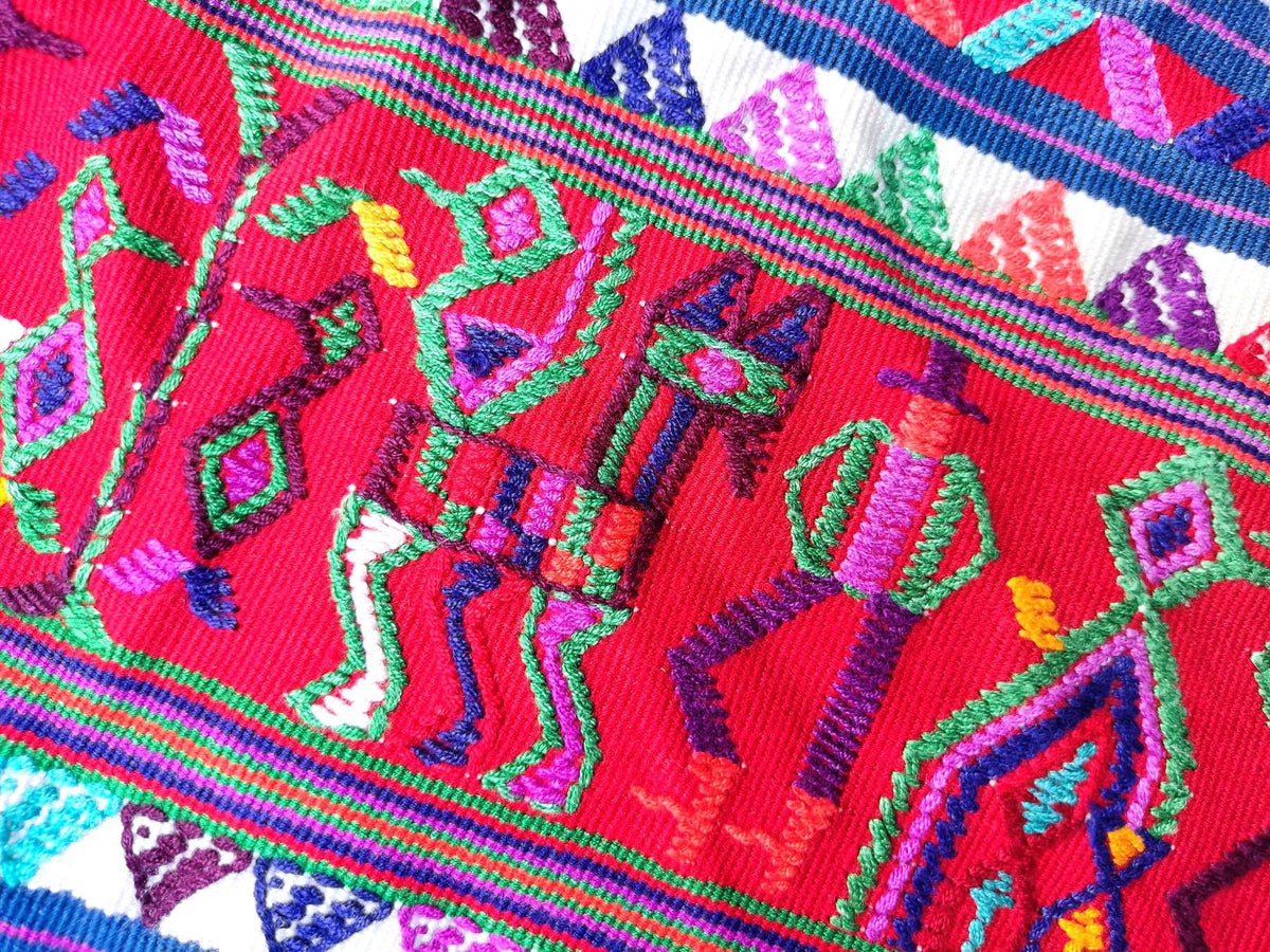 Vintage Guatemalan Unique Red Handmade Weaved Cotton -NEBAJ Huipil- Birds Horses and Geometric Patterns