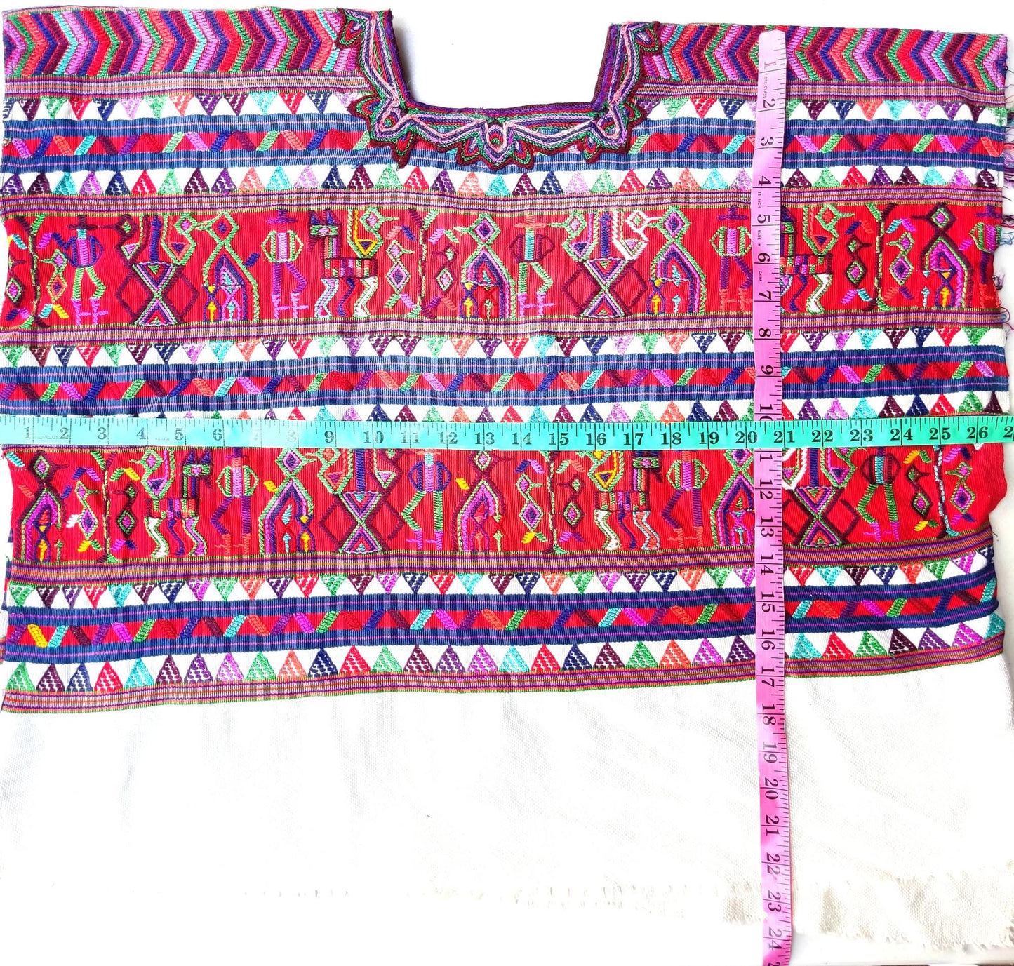 Vintage Guatemalan Unique Red Handmade Weaved Cotton -NEBAJ Huipil- Birds Horses and Geometric Patterns