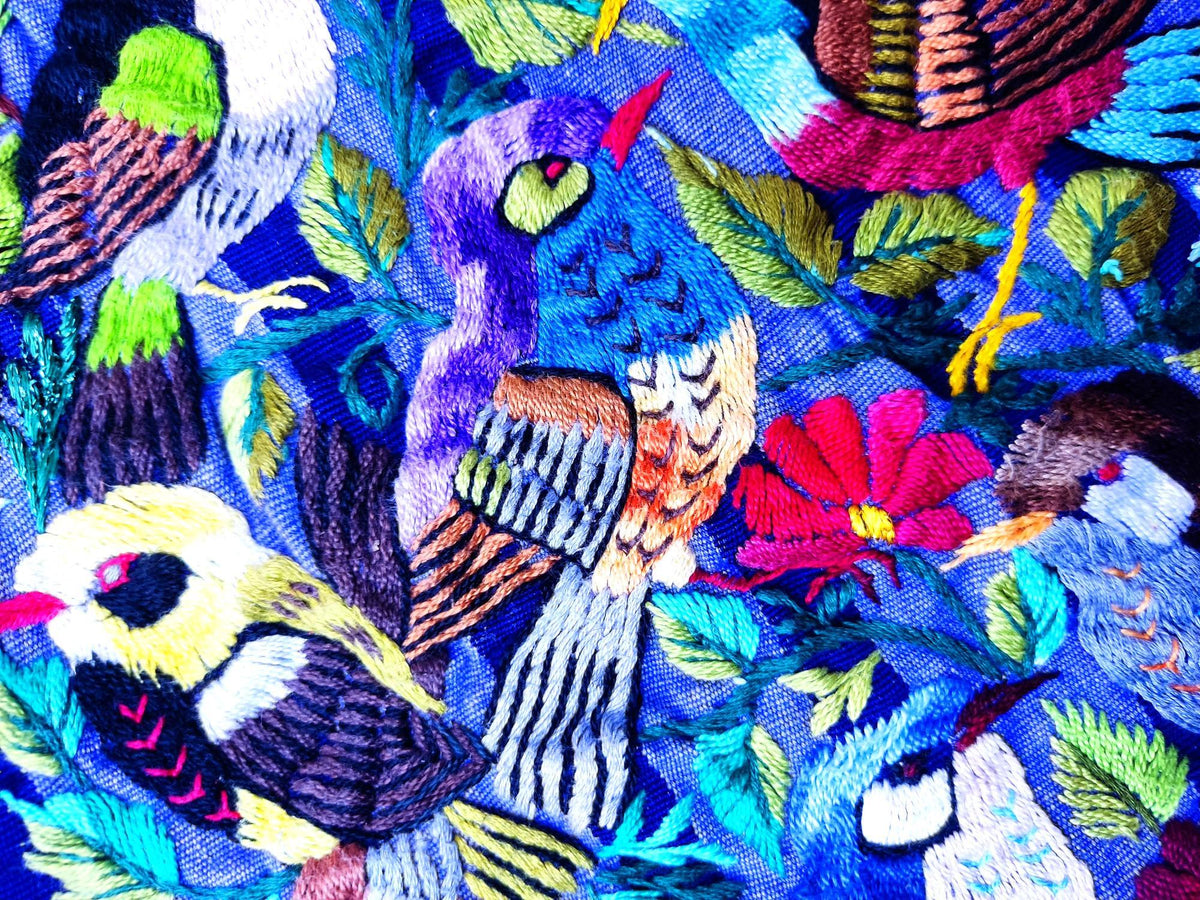 Vintage Santiago Atitlan Huipil Embroidery BIRDS FAMILY Cotton TAPESTRY And Blouse