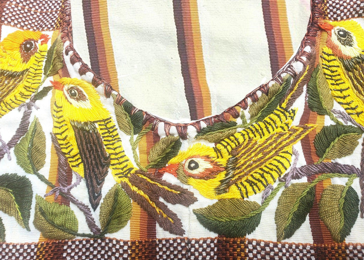 Handmade Cream EMBROIDERED Guatemalan COTTON WALL "Mayan Bird Family" Tapestry
