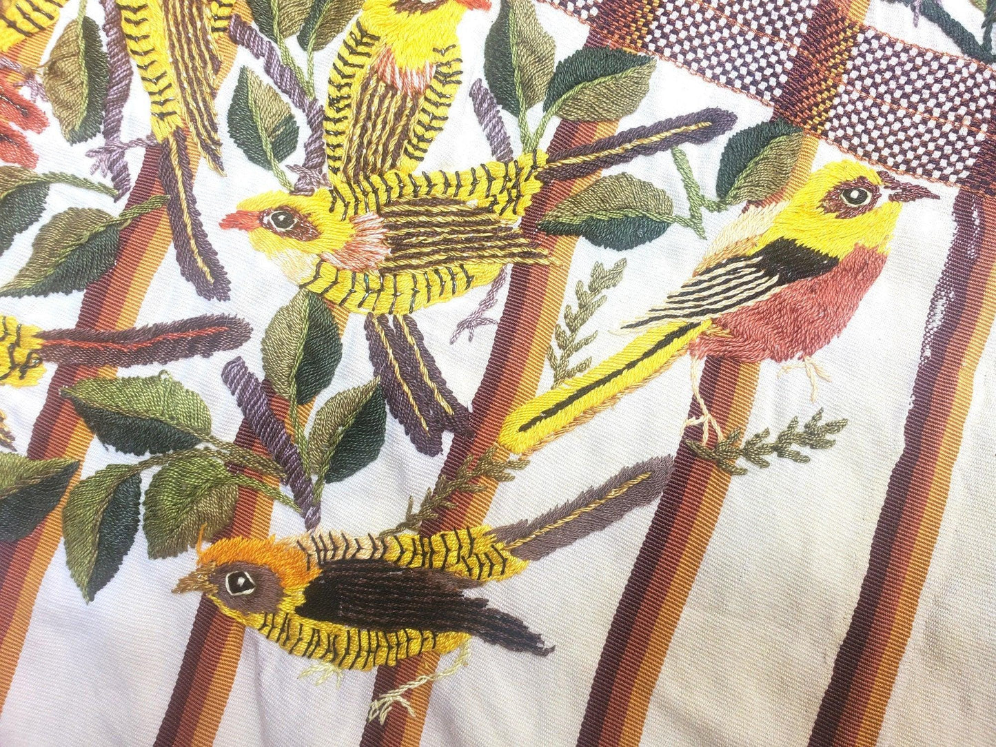 Handmade Cream EMBROIDERED Guatemalan COTTON WALL "Mayan Bird Family" Tapestry