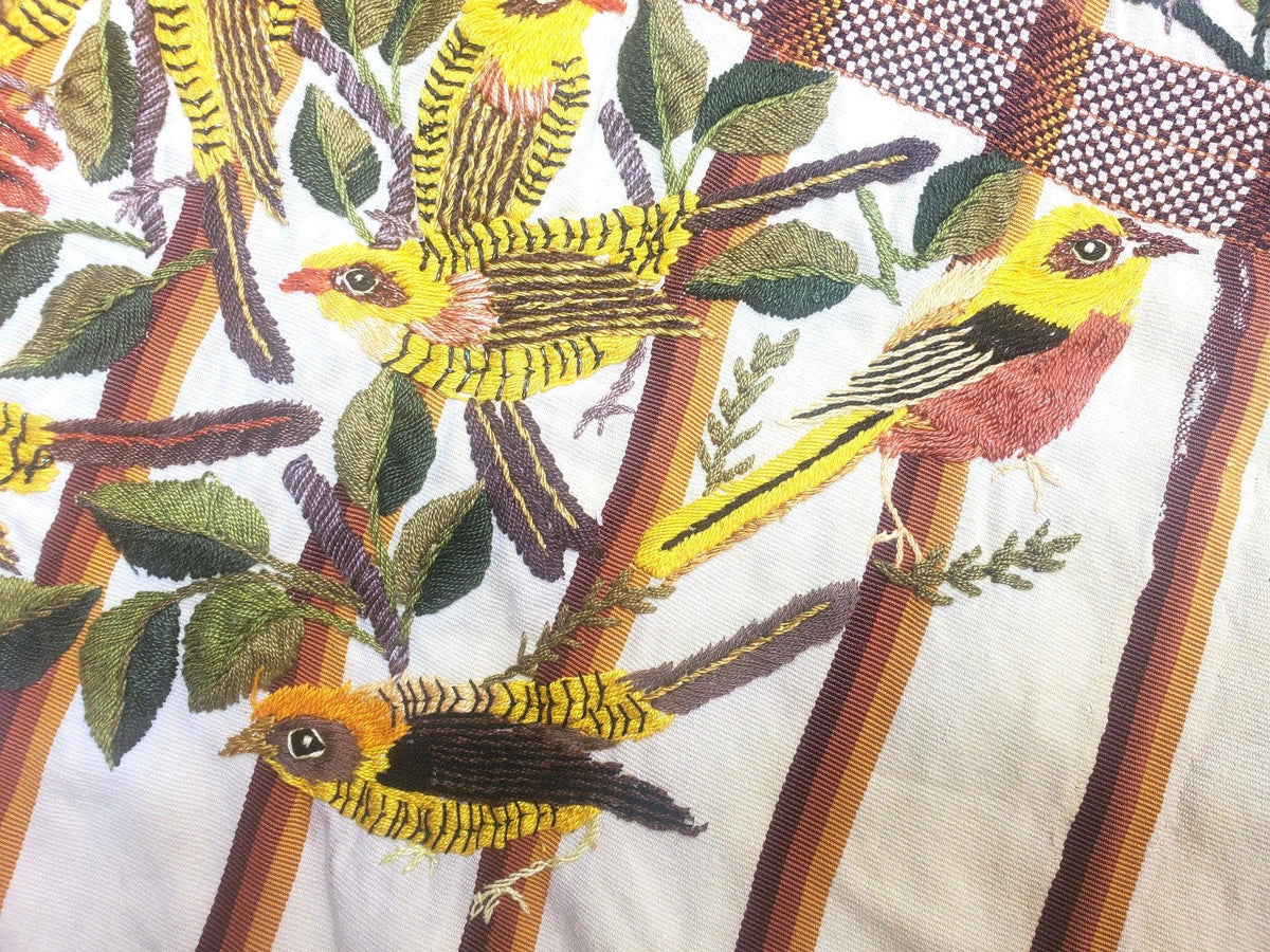 Handmade Cream EMBROIDERED Guatemalan COTTON WALL "Mayan Bird Family" Tapestry