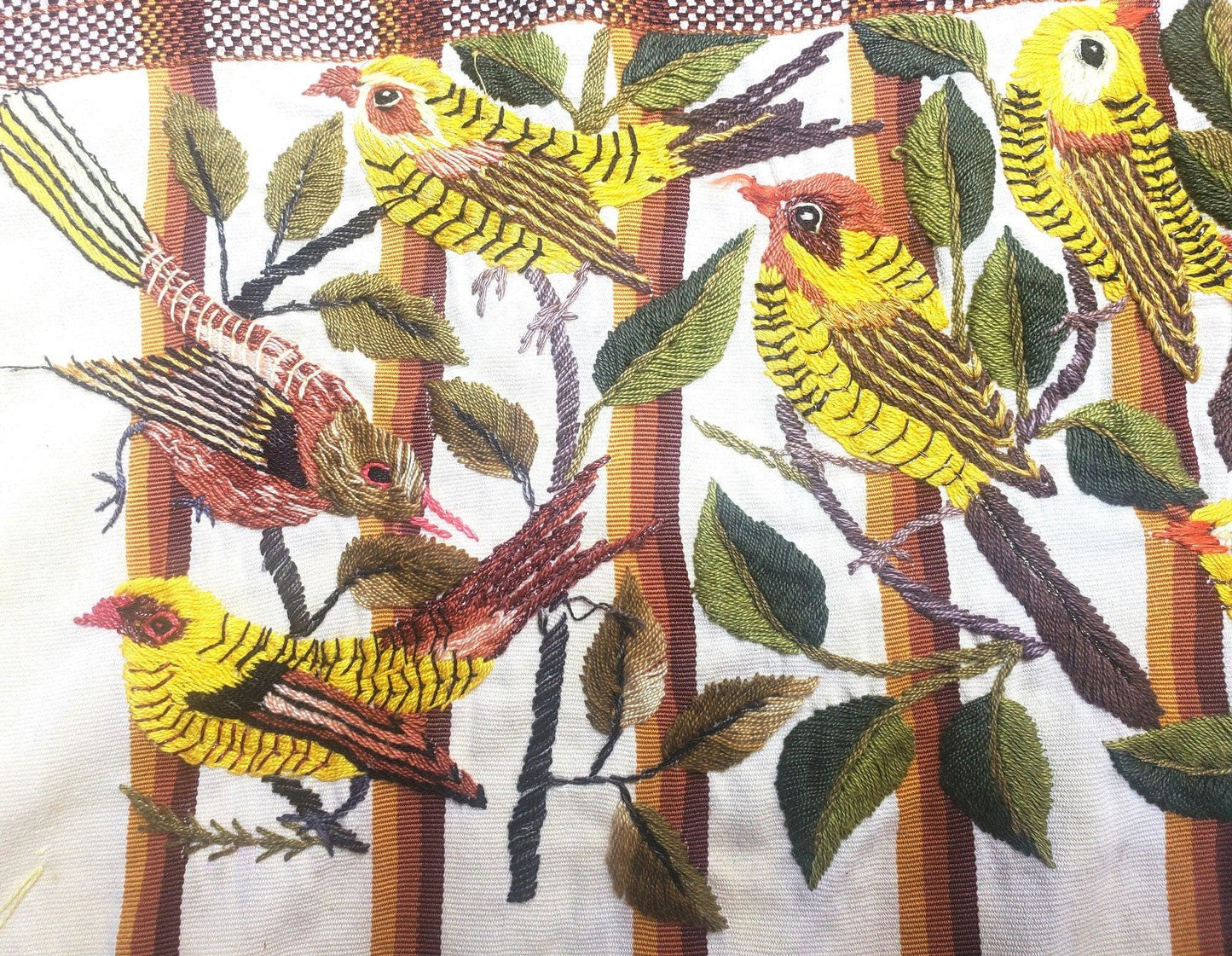 Handmade Cream EMBROIDERED Guatemalan COTTON WALL "Mayan Bird Family" Tapestry