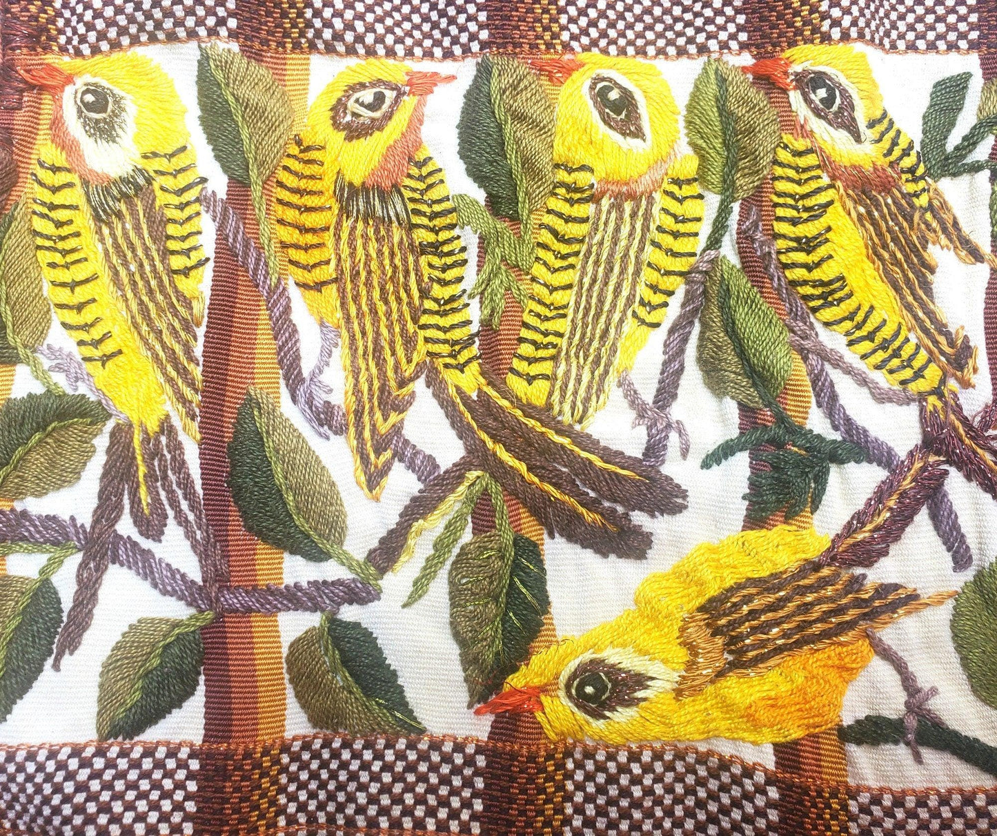 Handmade Cream EMBROIDERED Guatemalan COTTON WALL "Mayan Bird Family" Tapestry