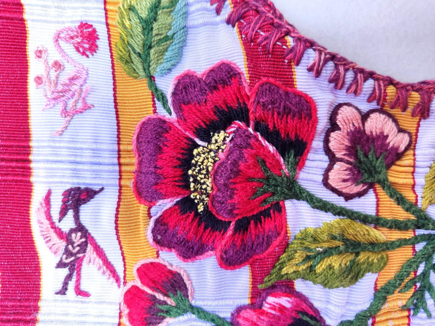 Vintage Handmade EMBROIDERED Birds SANTIAGO Atitlan Huipil Cotton Wall Decor Tapestry