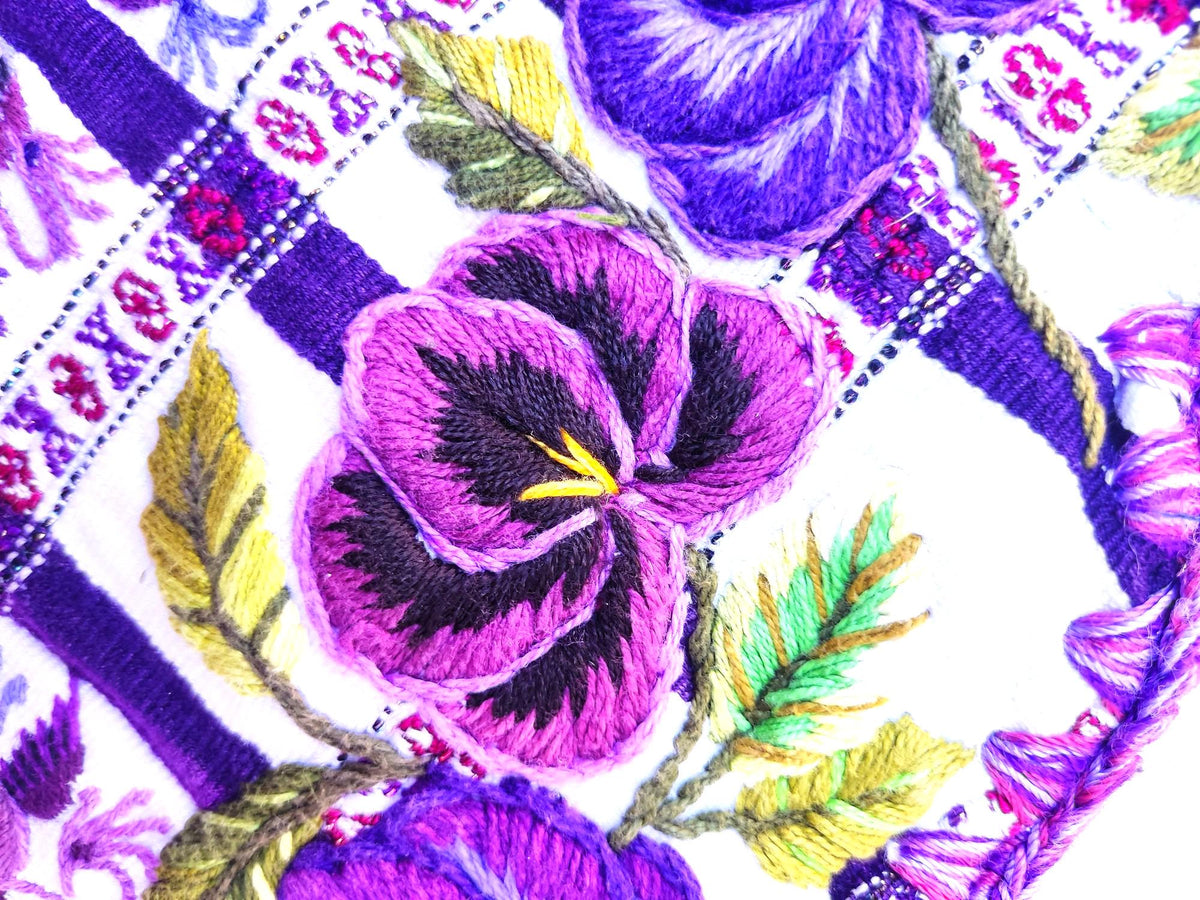 Vintage Handmade EMBROIDERED Purple Birds SANTIAGO Atitlan Huipil Cotton Wall Decor Tapestry