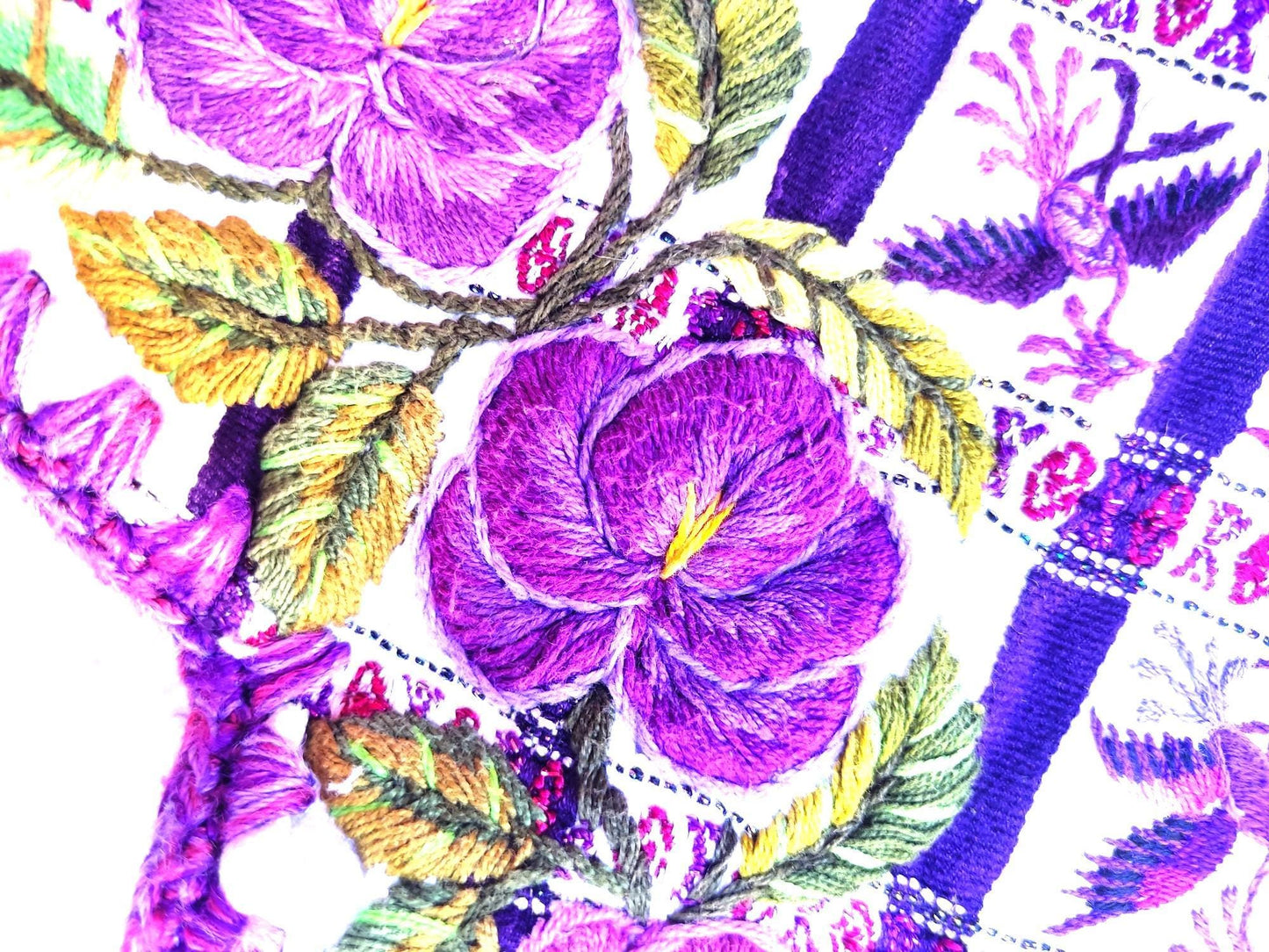Vintage Handmade EMBROIDERED Purple Birds SANTIAGO Atitlan Huipil Cotton Wall Decor Tapestry