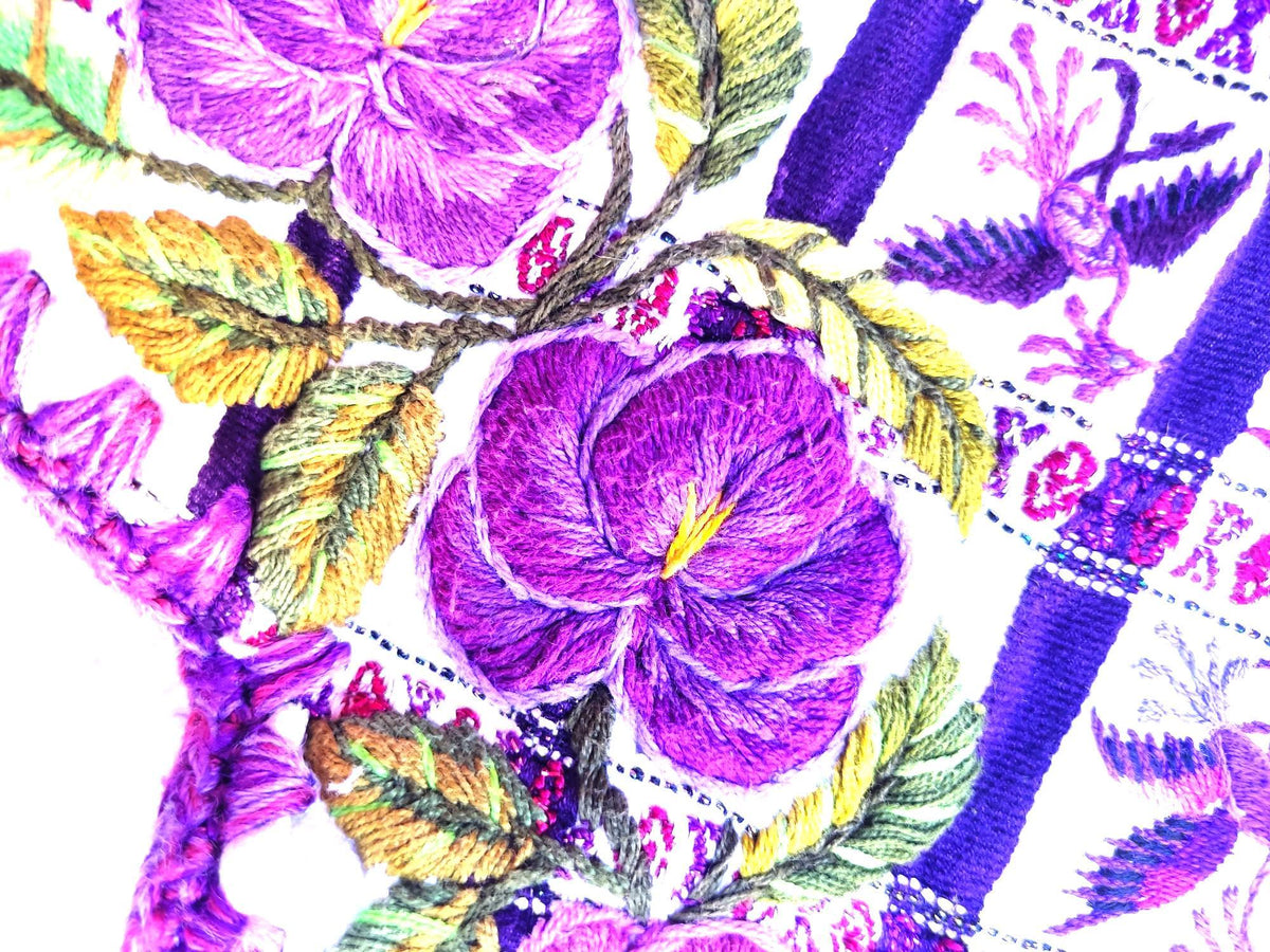 Vintage Handmade EMBROIDERED Purple Birds SANTIAGO Atitlan Huipil Cotton Wall Decor Tapestry