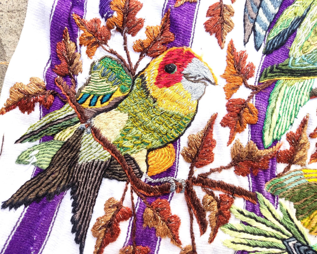 Vintage Handmade EMBROIDERED Parrots SANTIAGO Atitlan Huipil Cotton Wall Decor Tapestry