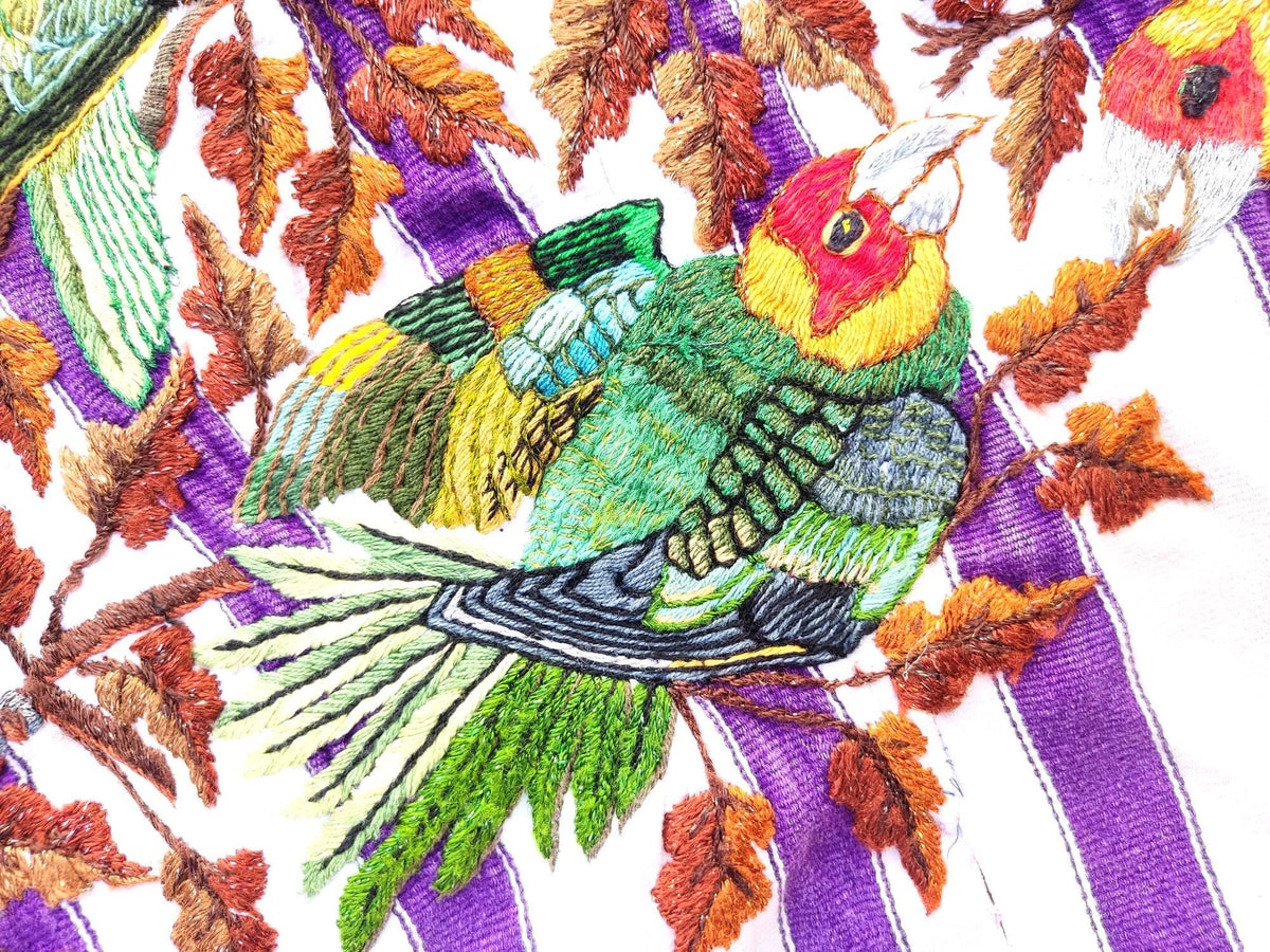 Vintage Handmade EMBROIDERED Parrots SANTIAGO Atitlan Huipil Cotton Wall Decor Tapestry